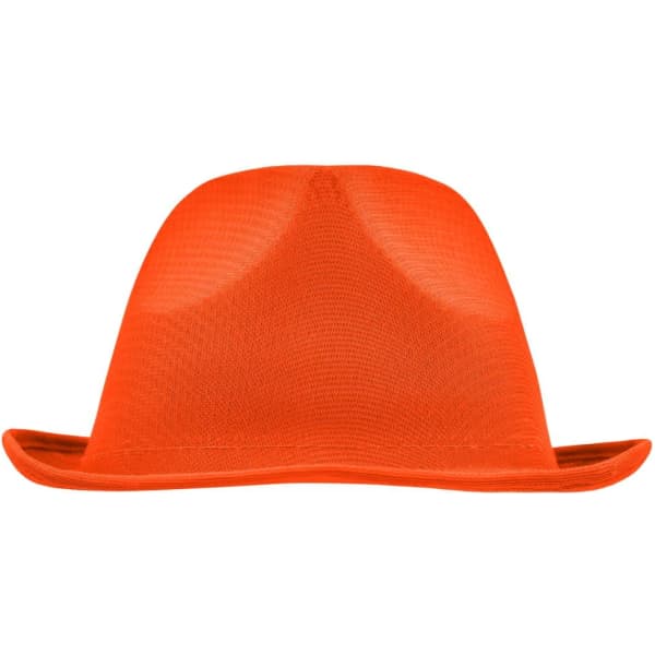 An orange promotional hat with a wide brim and a structured crown, featuring a logo.