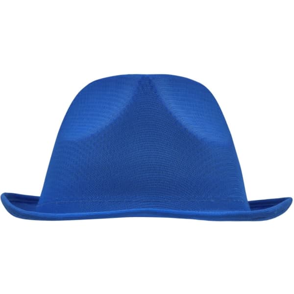 A blue promotional hat with a smooth surface and a curved brim, featuring a logo.