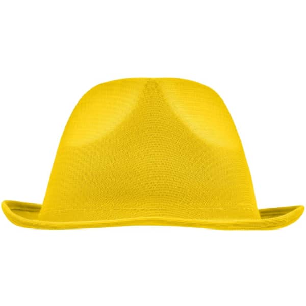 A yellow hat with a wide brim, featuring a logo on the side.