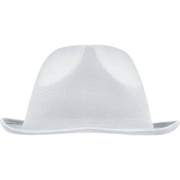 A white promotional hat with a structured design and a logo on the front.
