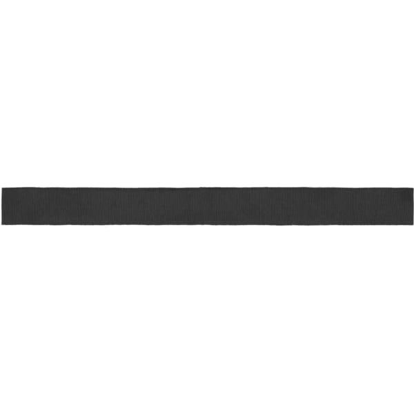 A black ribbon for promotional use, designed for attaching to hats. It has a simple, flat design and includes a logo.