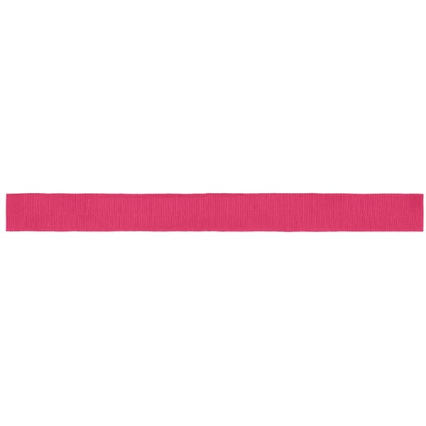 A pink promotional ribbon with a smooth texture, featuring a subtle sheen and branding.
