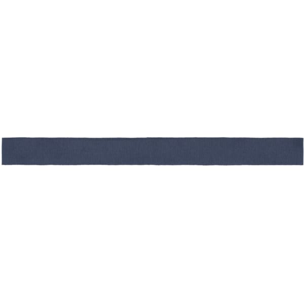 A navy blue ribbon suitable for promotional use, featuring a smooth texture and a logo.
