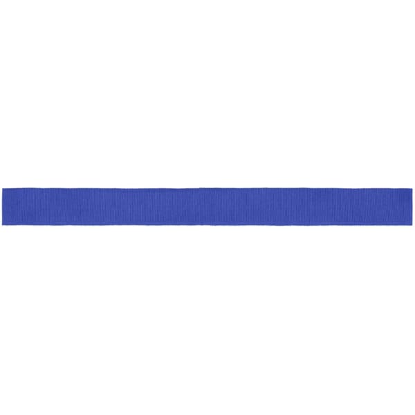A blue ribbon for promotional use, featuring a smooth, textured finish and a branding logo.