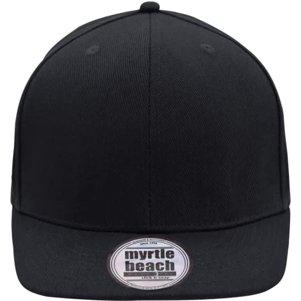 A black six-panel cap with a flat brim and a logo on the front.