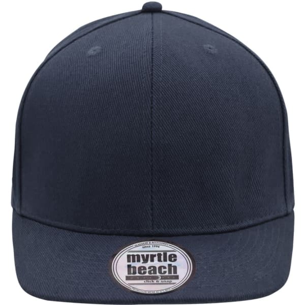 A navy blue six-panel cap with a structured design and a logo on the front.
