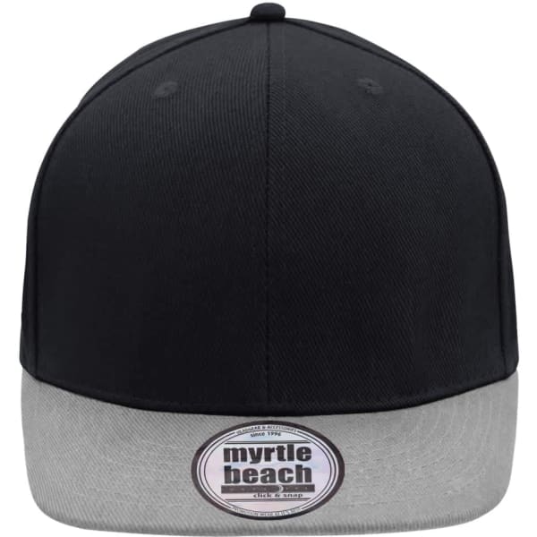 A black and grey cap featuring a branded patch on the front and a solid black top.