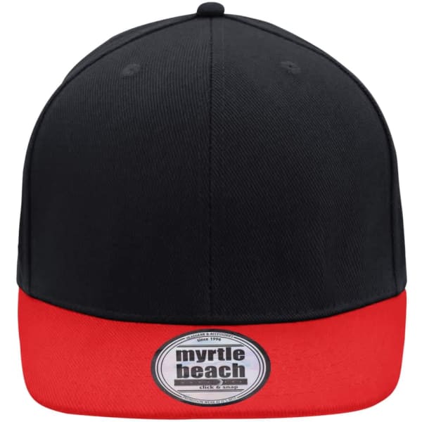 A black and red six-panel cap featuring a curved visor and a logo on the front.