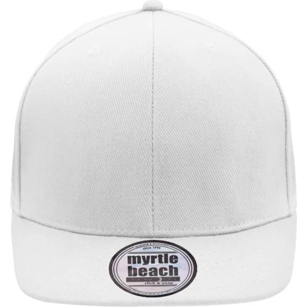 A white six-panel cap with a flat brim, featuring a logo on the front.