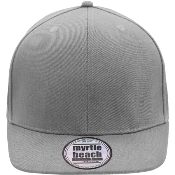 A grey six-panel cap with a branding label on the front and a flat peak design.