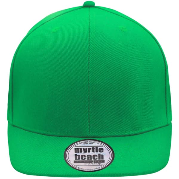 A bright green six-panel cap with a rounded brim and a logo on the front.