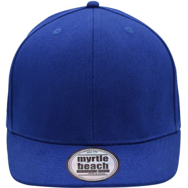 A blue cap with a flat brim and a logo on the front, featuring a six-panel design.