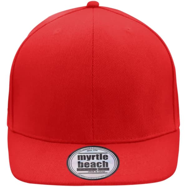 A red six-panel cap featuring a rounded crown and a branding label on the front.