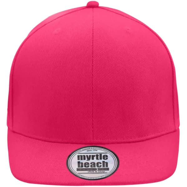 A bright pink 6-panel cap with a flat brim, featuring a logo on the front.