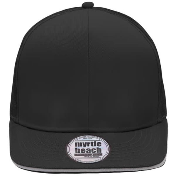 A black six-panel cap with a flat brim, featuring a mesh back and a logo on the front.