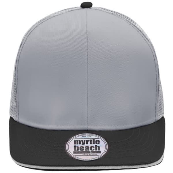 A grey and black cap featuring a structured six-panel design and a logo on the front.