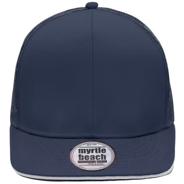 A navy blue six-panel cap with a mesh back and a circular logo on the front.