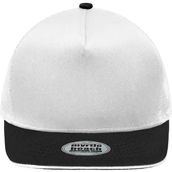 A white mesh cap with a black brim and a logo on the front.