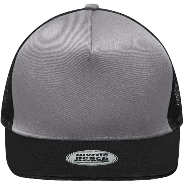 A grey and black 5-panel cap featuring mesh sides and a logo on the front.