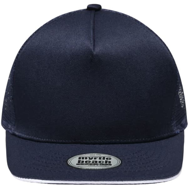 A navy blue five-panel cap featuring a mesh back and a logo on the front.