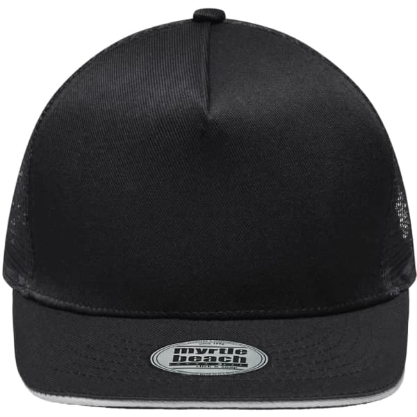 A black five-panel cap with a mesh design on the sides and a logo on the front.