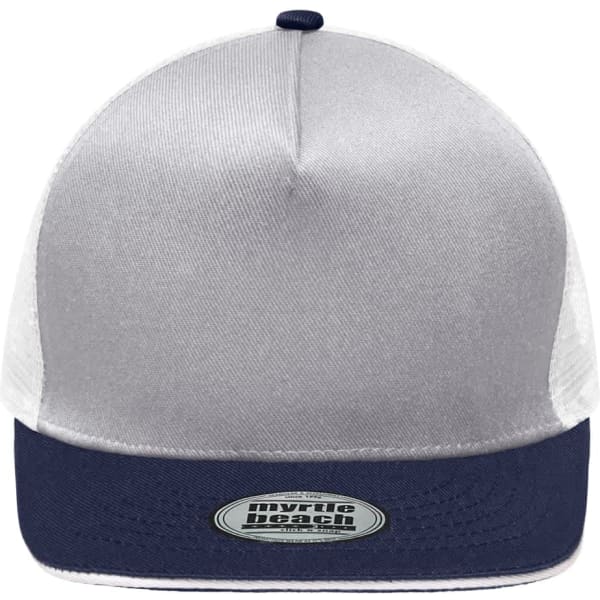 A five-panel cap with a grey front and navy blue brim, featuring a mesh back and a logo.