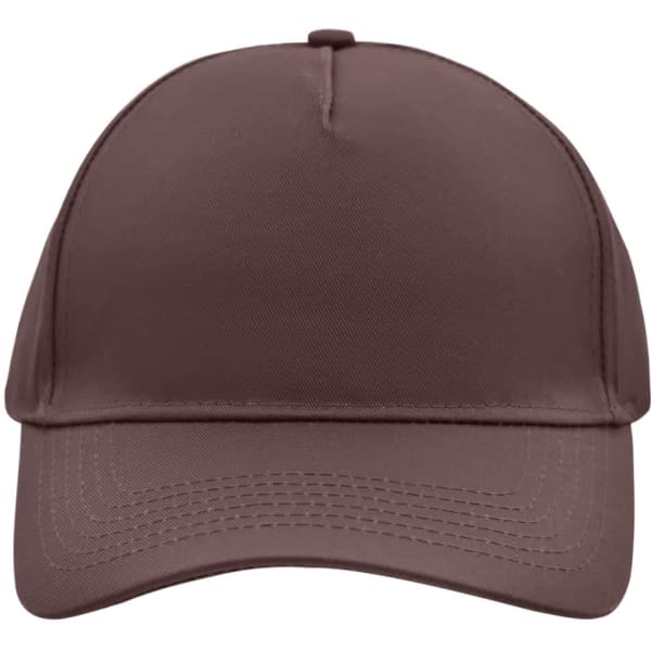 A brown 5-panel cap with a curved brim and a logo on the front.