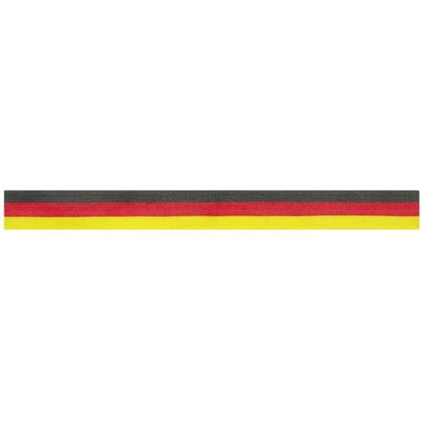 A ribbon featuring black, red, and yellow stripes, with a smooth texture and suitable for promotional use.