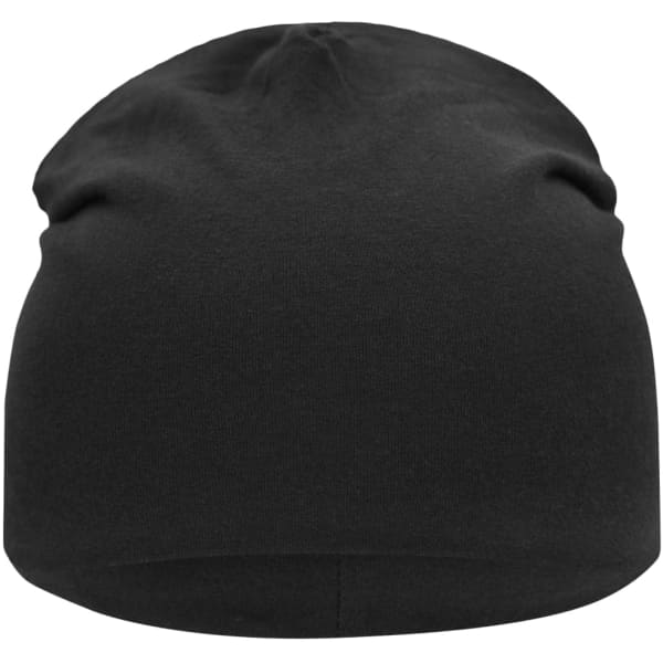A black Jersey Beanie with a smooth, simple design. The beanie features a logo on one side.