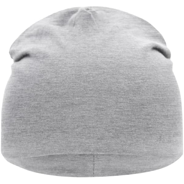 A grey Jersey Beanie featuring a soft and stretchy fabric, designed for comfort. Includes a logo on one side.