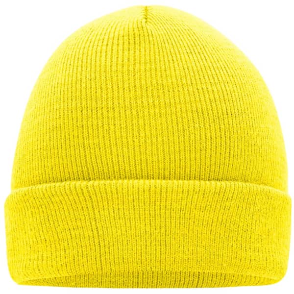 A bright yellow knitted cap with a ribbed texture and a folded cuff. It has a logo on it.