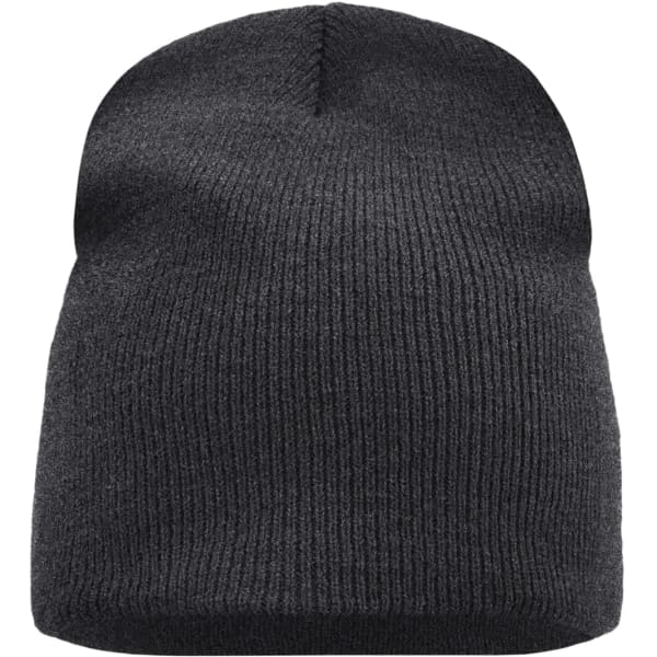 A dark grey beanie with a ribbed texture, featuring a smooth top and a fold at the bottom.