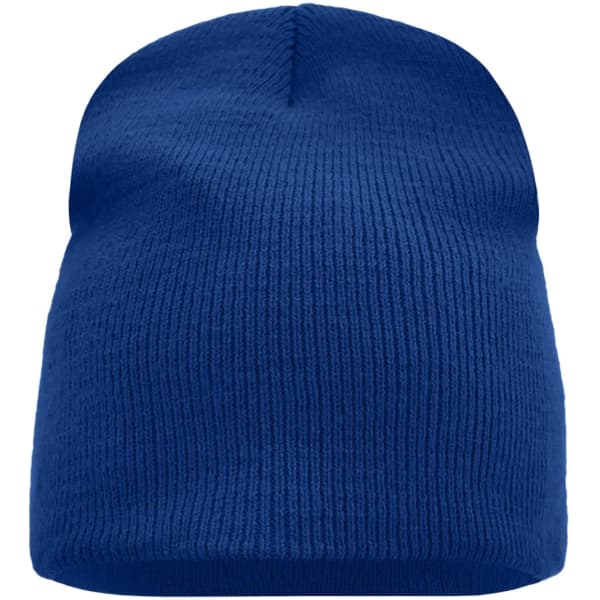 A blue knitted beanie with a ribbed texture and no visible branding.