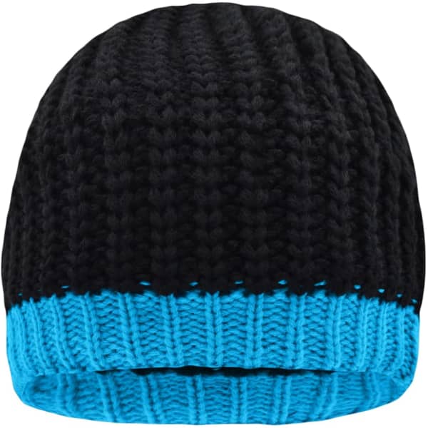 A knitted hat featuring black and bright blue colours, with a textured design and a logo on the side.