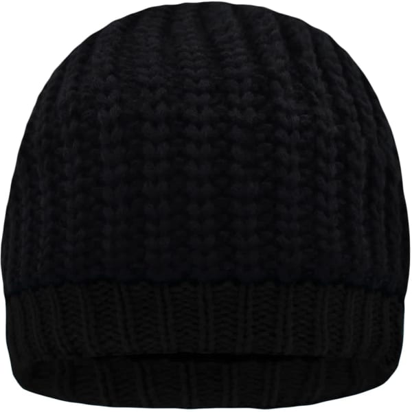 A knitted black beanie hat with a ribbed design and a folded brim, featuring a branding logo.