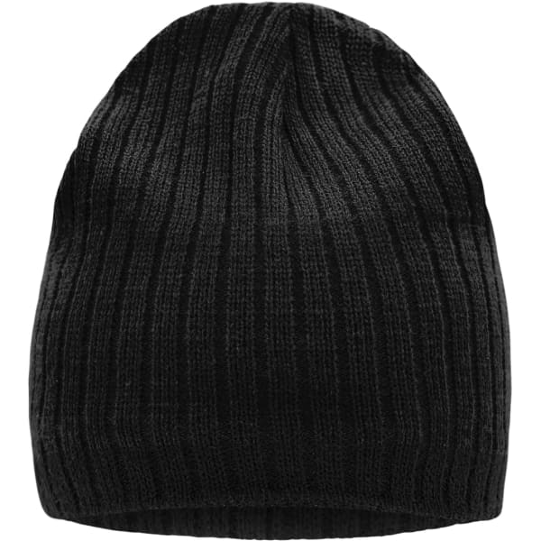 A knitted hat in black with a ribbed texture, featuring a logo on the side.
