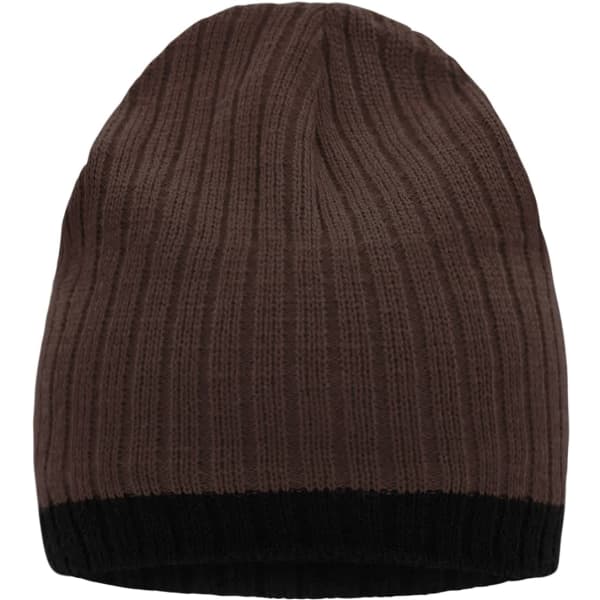 A knitted hat in brown with a black band at the bottom. It features a textured, ribbed pattern.