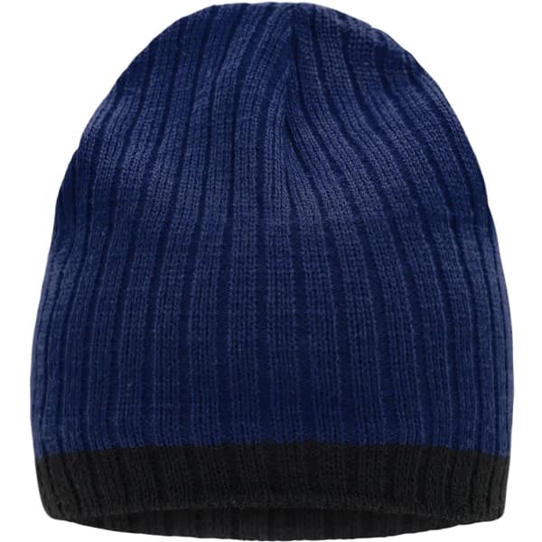 A knitted hat in shades of blue with a black band at the base. It has a ribbed texture and a rounded top.