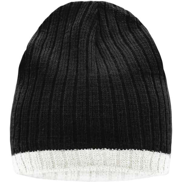 A knitted hat in black with a white ribbed border. It features a logo on one side.