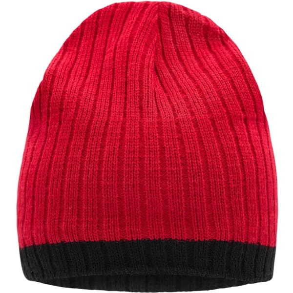 A knitted hat in vibrant red with a black ribbed band at the base. Features a logo on the side.