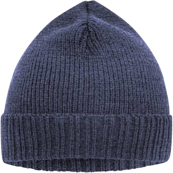A navy blue knitted beanie with a ribbed cuff, featuring a logo on the side.
