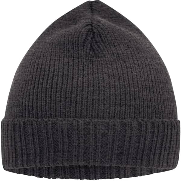 A dark grey knitted beanie with a ribbed cuff and a pointed top. The beanie features a logo.
