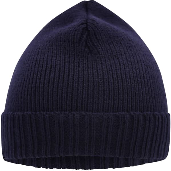 A navy knitted beanie featuring a ribbed brim and a tapered top. It includes a small logo on the side.