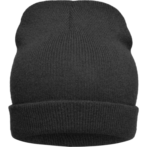 A dark grey knitted beanie featuring a cuffed design and a simple logo.