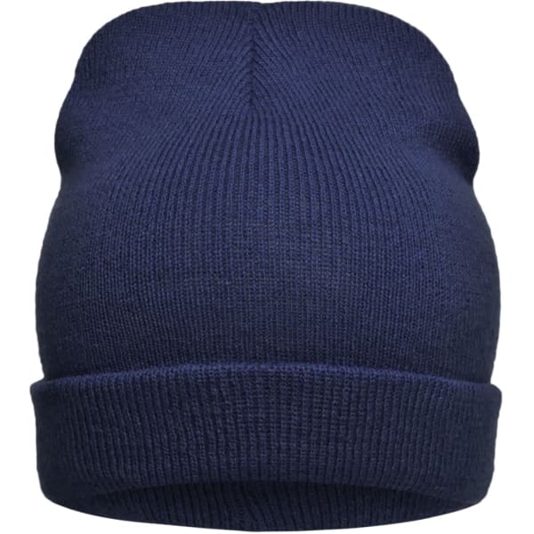 A navy blue knitted beanie with a folded cuff, featuring a logo on the side.