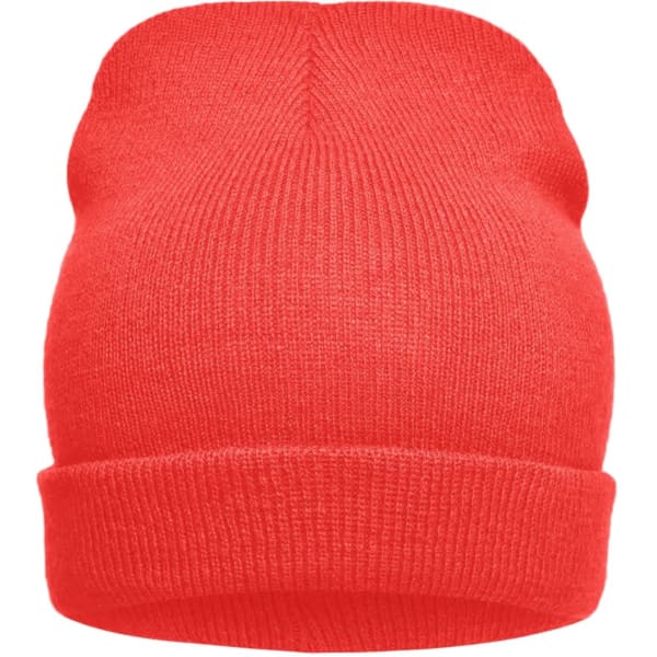 A red knitted beanie featuring a fold-over cuff and a snug fit, with a logo on the side.