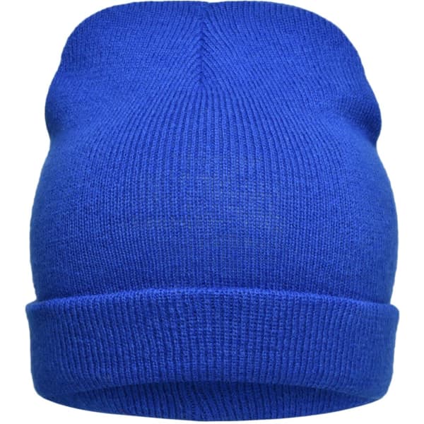 A blue knitted beanie with a cuffed design, featuring a logo on the side.