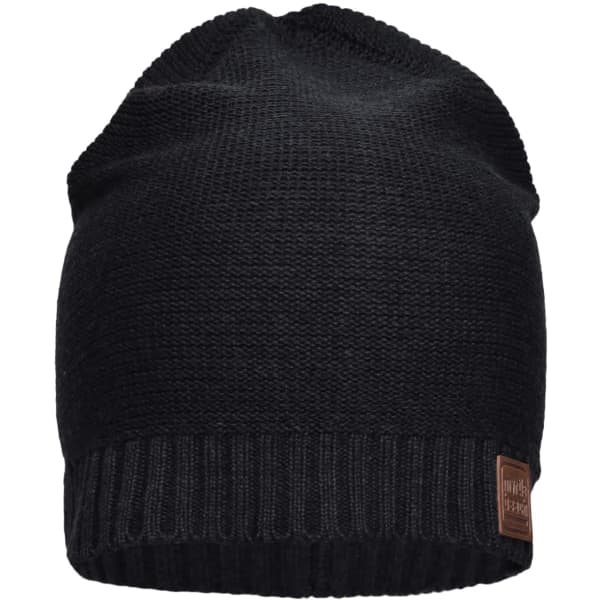 A black cotton hat with a ribbed brim and a woven label on the side.