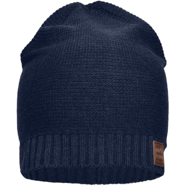 A cotton hat in navy blue with a textured knit design and a ribbed band at the bottom, featuring a logo tag.