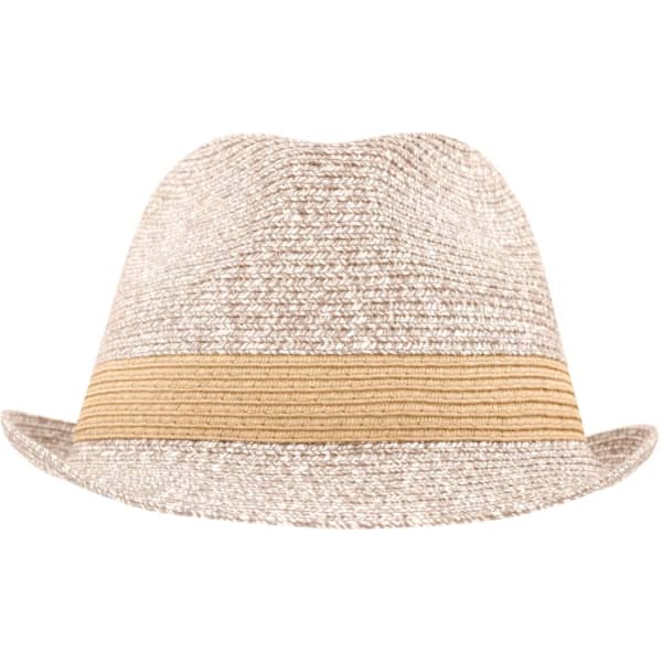 A light beige Melange Hat featuring a brown band, with a classic fedora shape and a woven texture.